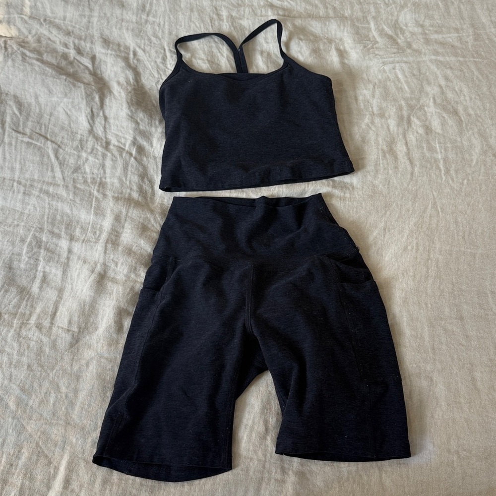 Beyond Yoga Charcoal Sports Bra Top and Biker Shorts Set